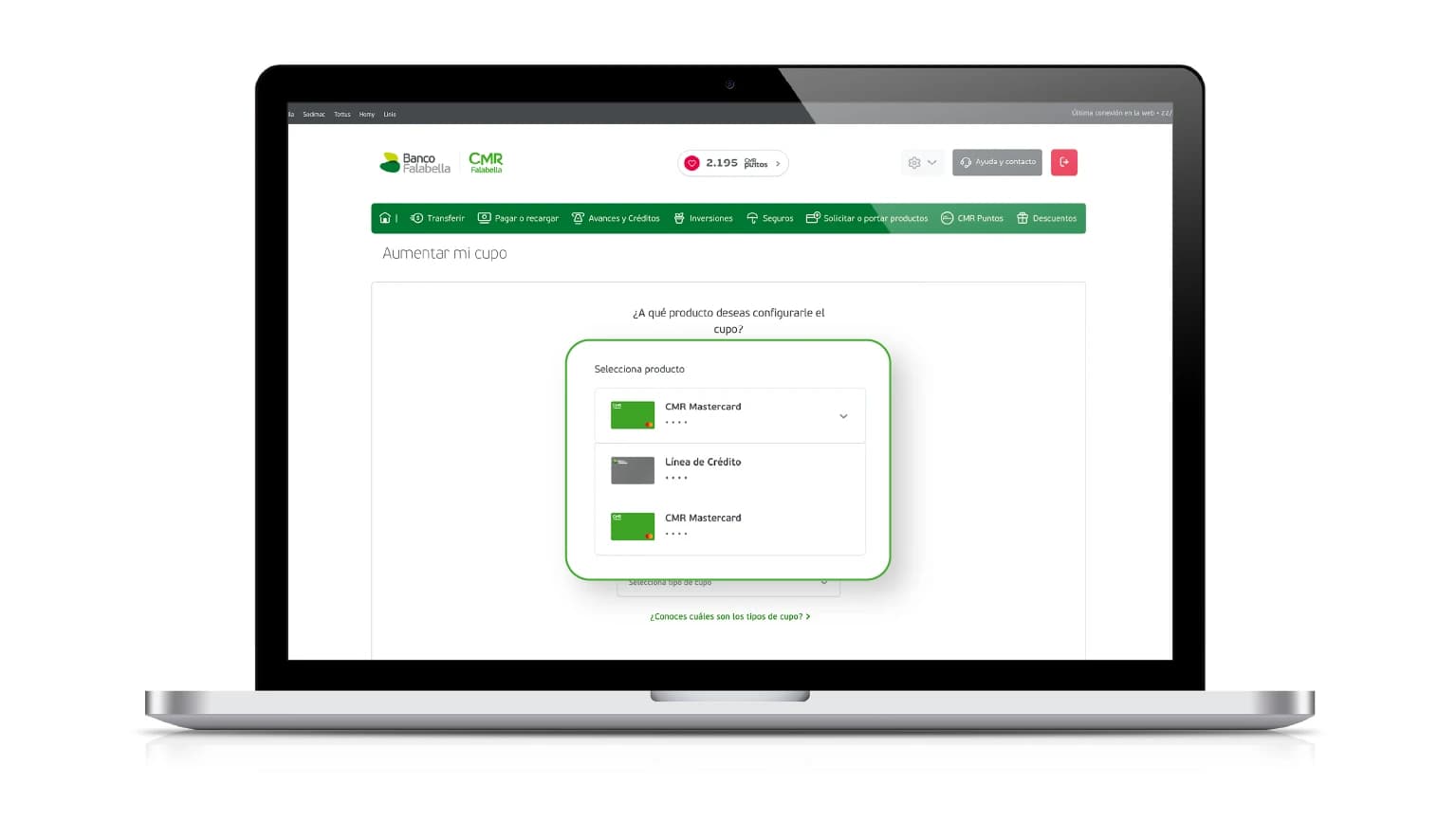 3.- Selecciona en tipo de cupo “Línea de Compras y Avance”, haz click en solicitar y ¡descubre si tienes un aumento de cupo pre aprobado!