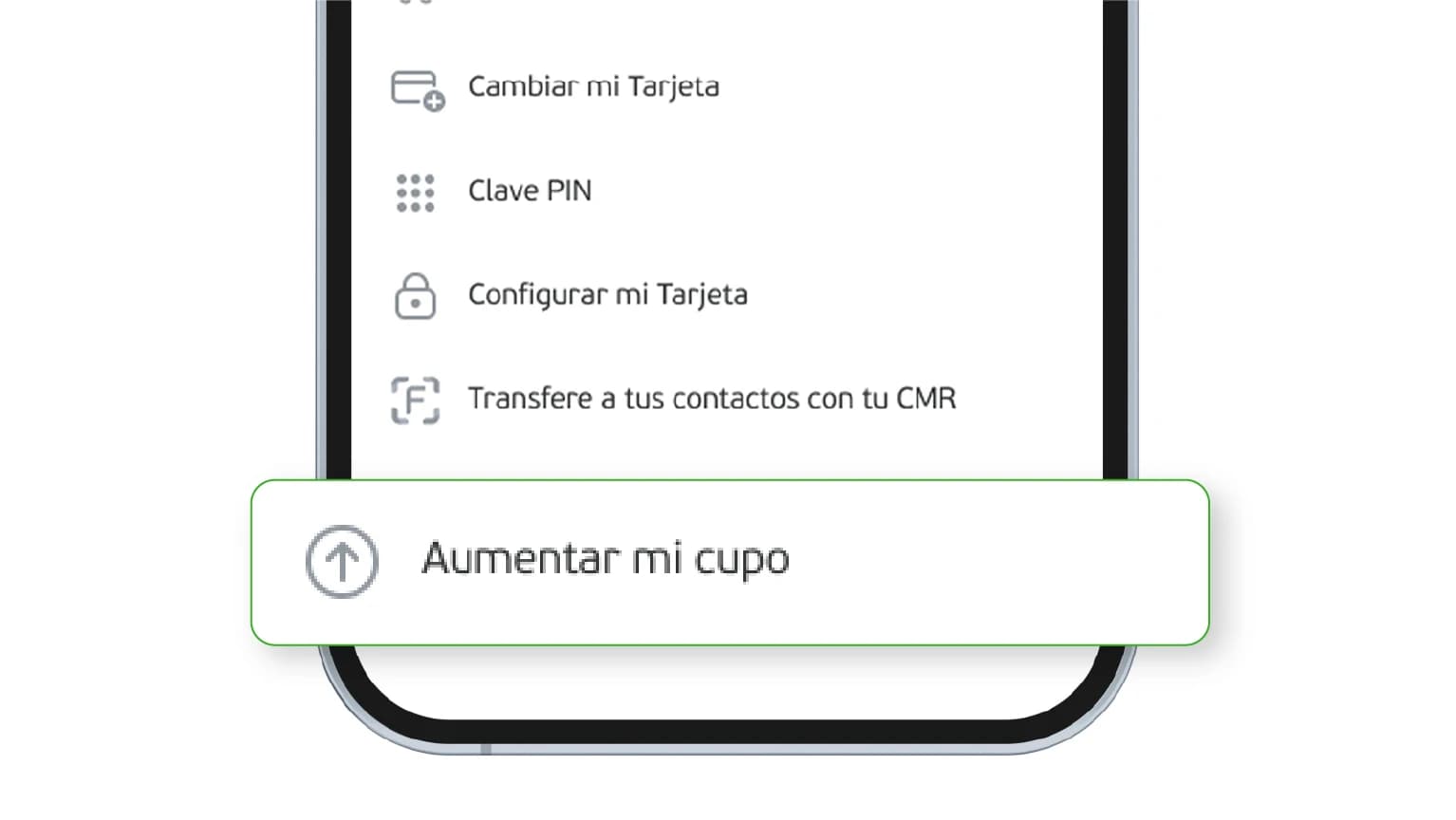 3.- Selecciona la opción “Aumento de cupo”, sigue los pasos y ¡descubre si tienes un aumento de cupo pre aprobado!